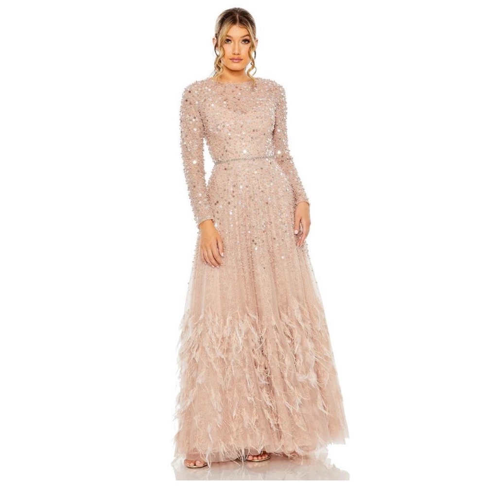 DISC EMBELLISHED SEQUIN GOWN WITH FEATHER DETAIL STYLE#11782 SIZE 8